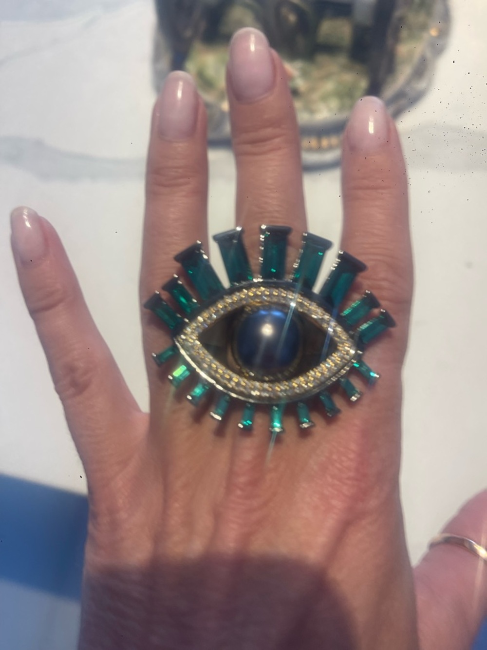 Kurt Geiger Gold-Tone Evil Eye Ring with Green Crystals and Dark Center